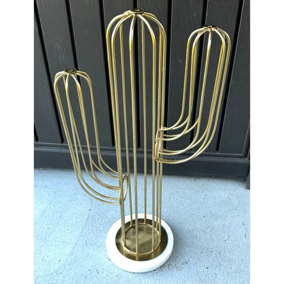 Gold Brass Cactus Sculpture With White Marble Base Modern Art Decor - Picture 8 of 9
